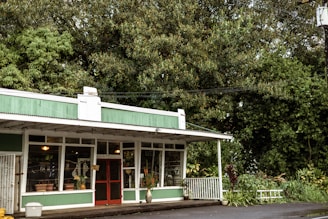 A quaint storefront with a green and white exterior situated in a lush, wooded area. The building features large windows displaying various items, suggesting it may be a shop. A red door is prominently centered, and a small white fence lines the side. The surrounding foliage is dense and vibrant, adding to the serene atmosphere.
