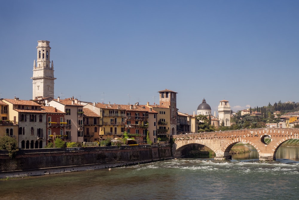 a river running through a city next to a bridge