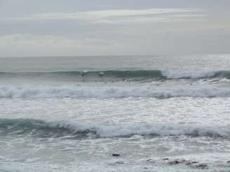 Large ocean waves roll towards the shore, with several surfers positioned to catch them. The sky is overcast, casting a gray tone over the scene, and the water appears turbulent with white foam.