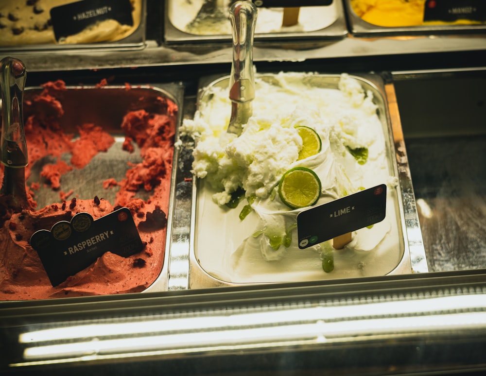 a display case filled with different types of food