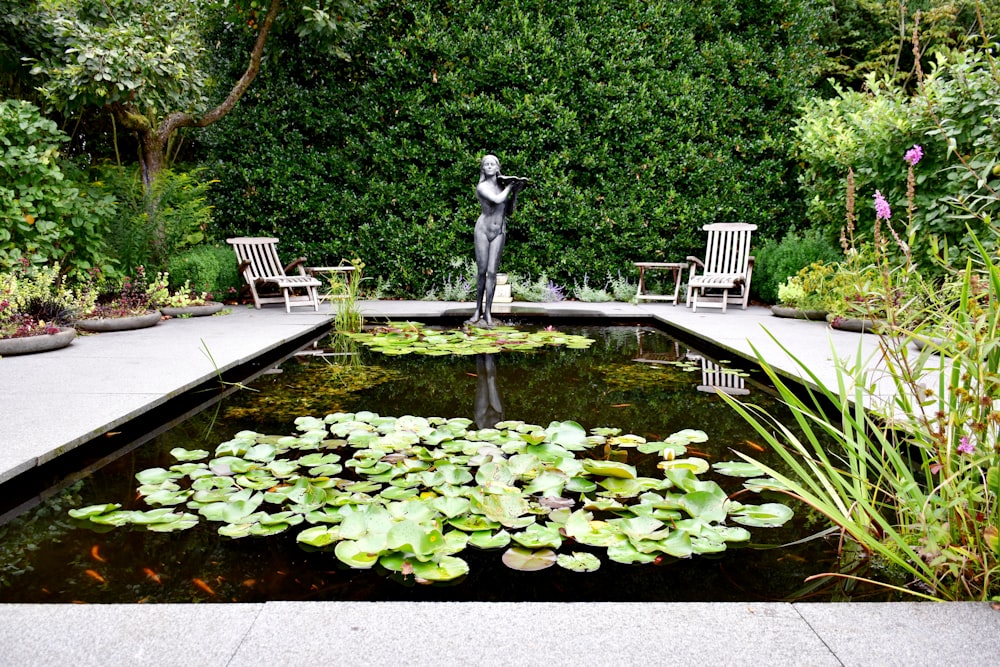 a pond with lily pads and a statue in the middle