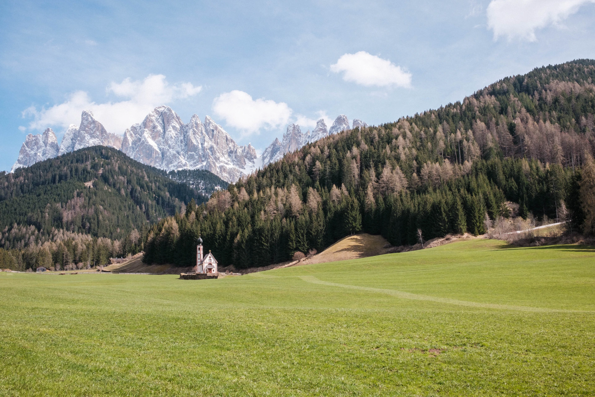 a grassy field with a church in the background