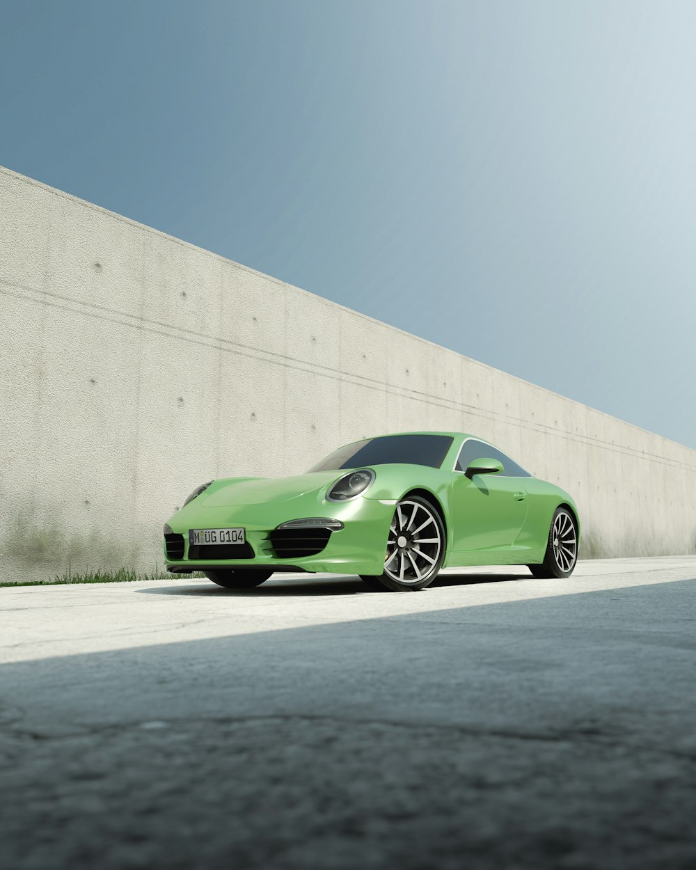 a green sports car parked in front of a building