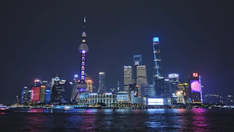 a city at night with a lot of tall buildings