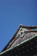 A traditional architectural roof detail with ornate woodwork and intricate designs against a clear blue sky. The roof features decorative ridge caps and elaborate carvings that suggest cultural or historical significance.