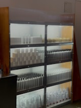 A well-lit refrigerated shelf holds an array of products arranged in an organized manner. There are various bottles and containers, possibly different beverages or products, lined up in neat rows. The background and shelves are illuminated with bright white lights, enhancing the visibility of the items. The sides of the shelving unit are made of wood and glass.