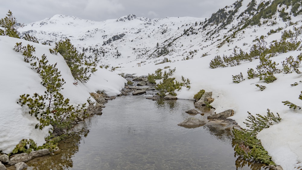 a small stream running through a snow covered mountain