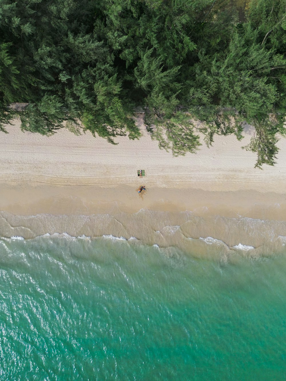 Una vista aérea de una playa con un par de sombrillas