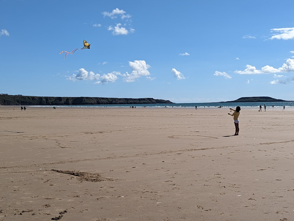 a person on a beach flying a kite