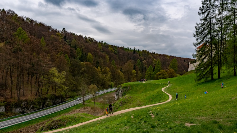 a group of people riding bikes down a lush green hillside