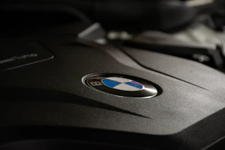 Close-up of a shiny BMW engine cover with the logo clearly visible.
