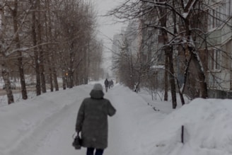 Snow-covered Canadian neighborhood with people walking in winter coats.