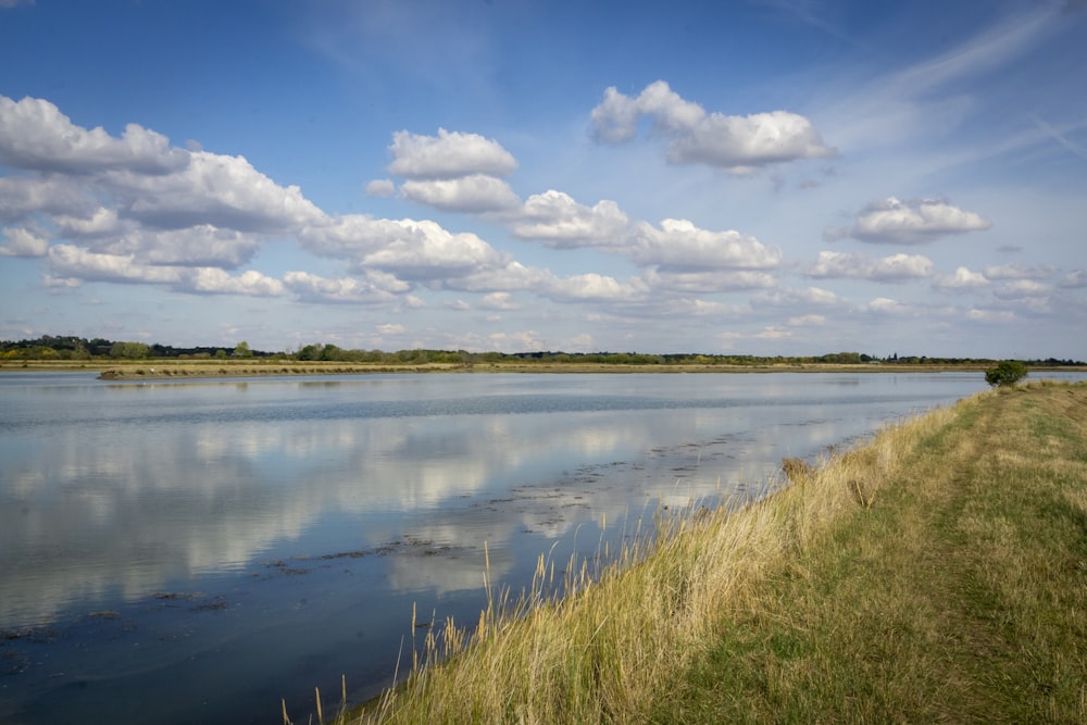 a large body of water surrounded by a lush green field