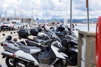 A row of parked motorcycles along a waterfront, with a busy harbor and several boats in the background. Cars are visible across the street, and two people sit on a ledge near the water.