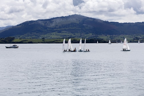 Several small sailboats with people on board are seen floating on a calm body of water, with a larger motorboat nearby. In the background, a lush, hilly landscape is visible under a cloudy sky.