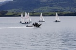 Several small sailboats with white sails float on a calm body of water, accompanied by a motorboat carrying several people. In the background, there are lush green hills and a mountainous landscape under a partly cloudy sky.