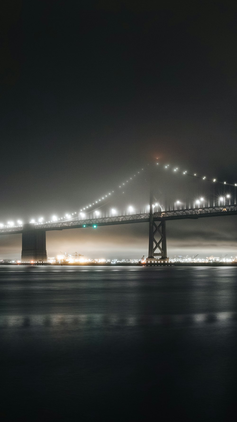 夜の水域に架かる大きな橋