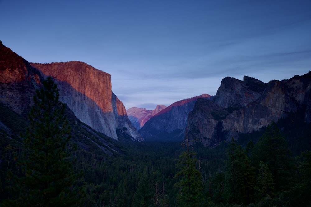 a view of a mountain range with trees in the foreground