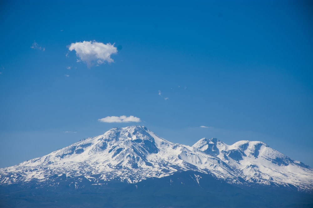 a large snow covered mountain under a blue sky