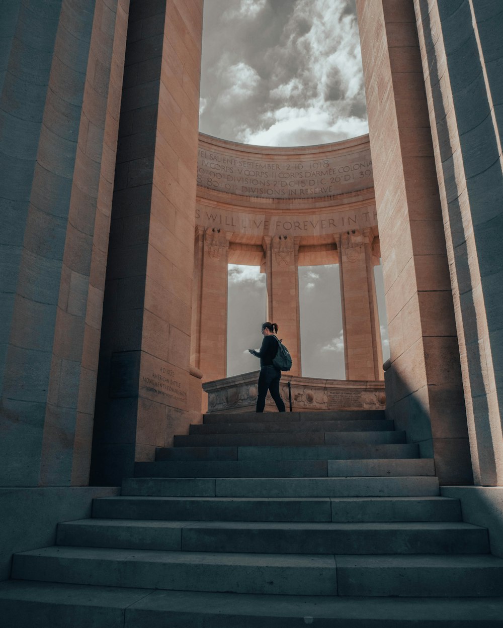 a man walking up a flight of stairs