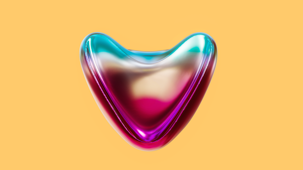 a purple and blue heart shaped object on a yellow background