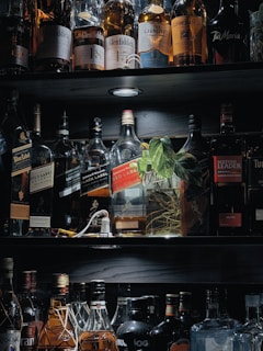 a shelf filled with lots of bottles of liquor