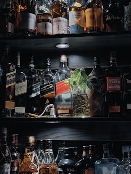 a shelf filled with lots of bottles of liquor