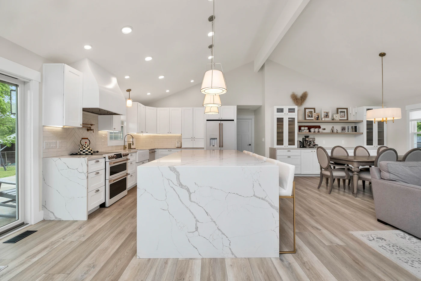 Open kitchen renovation with large center island.