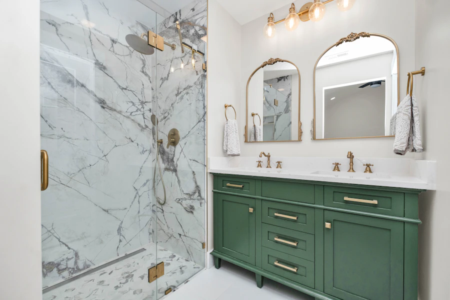 Bathroom with green cabinets