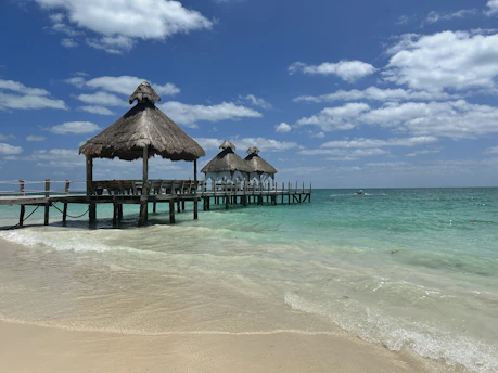 a beach with a pier and thatched umbrellas