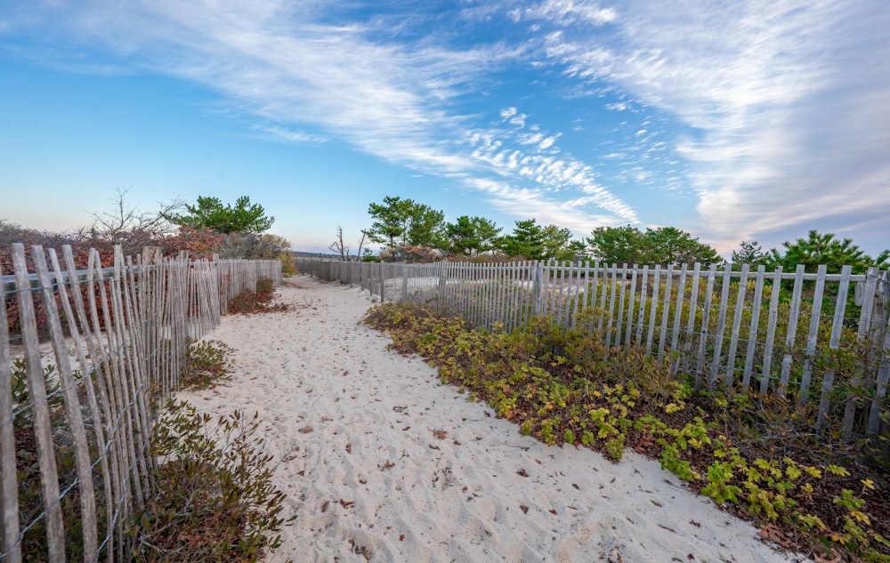 a white picket fence next to a sandy beach