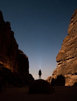 a person standing in the middle of a desert at night