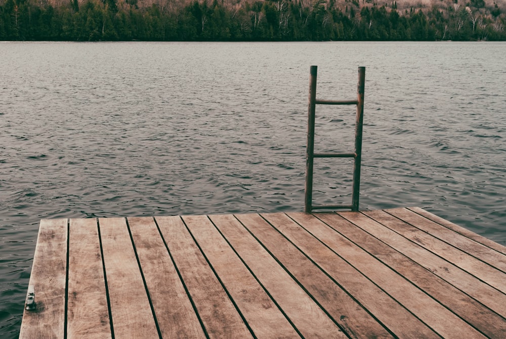 a ladder sitting on top of a wooden dock next to a body of water