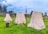 Three beige canvas tents stand on lush green grass with a stone fortress wall and trees in the background. A few medieval-style banners, spear-like poles, and a wood pile suggest a historical or reenactment scene.