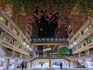 A large, modern building complex features an illuminated pedestrian bridge connecting multiple floors. The architecture is composed of light-colored brickwork, with numerous windows. Overhead, vibrant pink flowers dangle, adding a touch of natural beauty. People can be seen walking in the courtyard below, adding a sense of scale and activity.