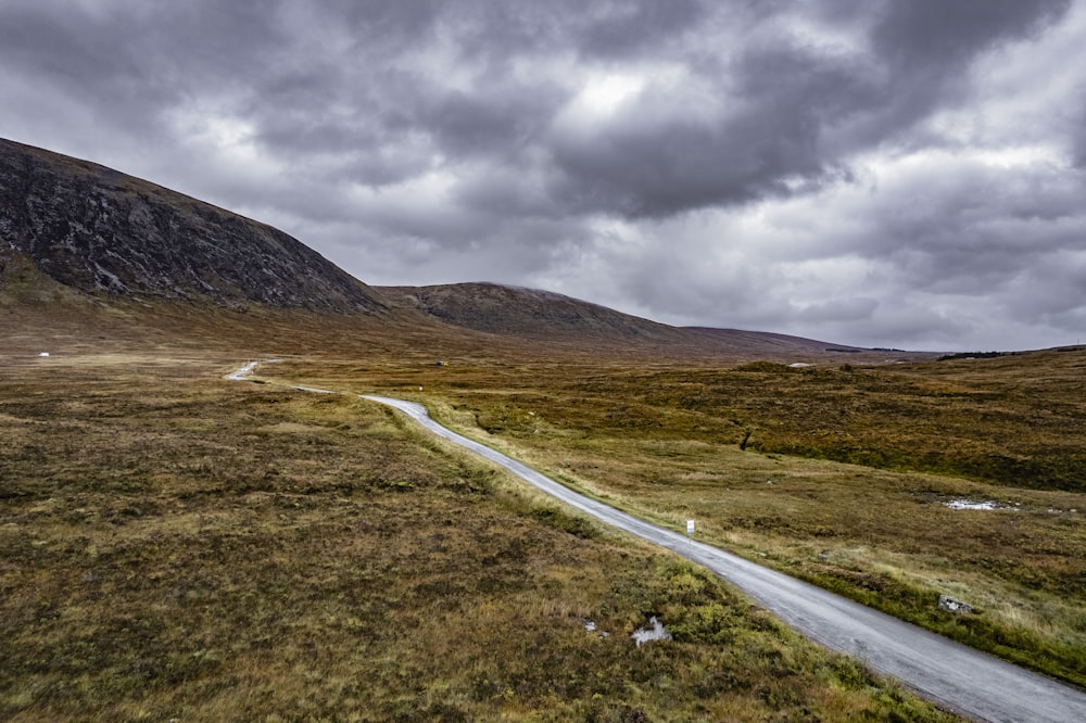 a winding road in the middle of a grassy field