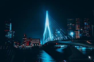 a very tall bridge over a river at night
