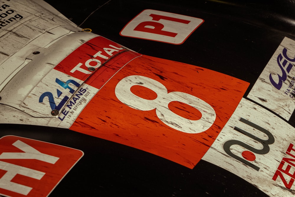 a close up of a number of signs on a car