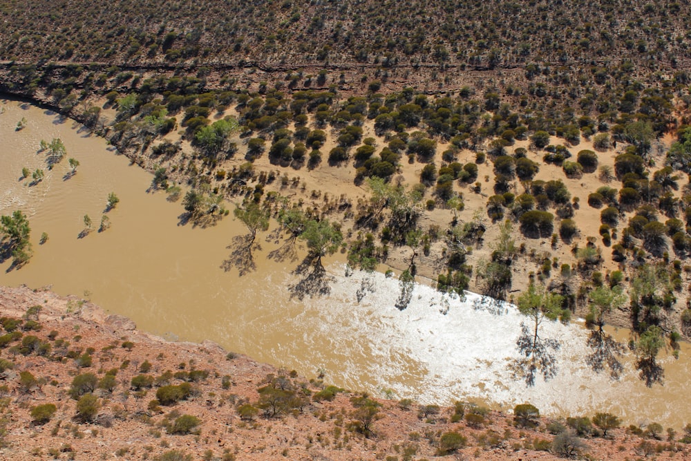 an aerial view of a river in the middle of the desert