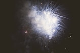 Bright fireworks burst in the night sky, emitting light and smoke in various patterns. The dark background contrasts with the luminous glow of the fireworks, creating an explosive display.
