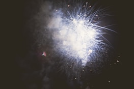 Bright fireworks burst in the night sky, emitting light and smoke in various patterns. The dark background contrasts with the luminous glow of the fireworks, creating an explosive display.