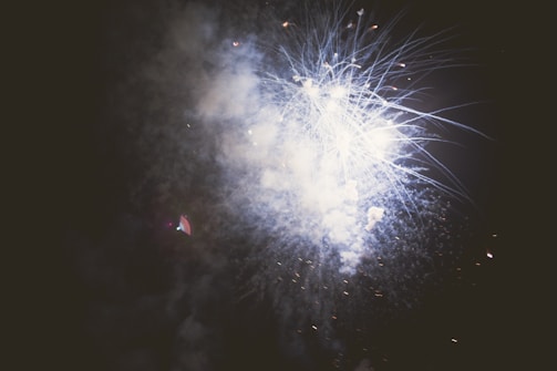 Bright fireworks burst in the night sky, emitting light and smoke in various patterns. The dark background contrasts with the luminous glow of the fireworks, creating an explosive display.
