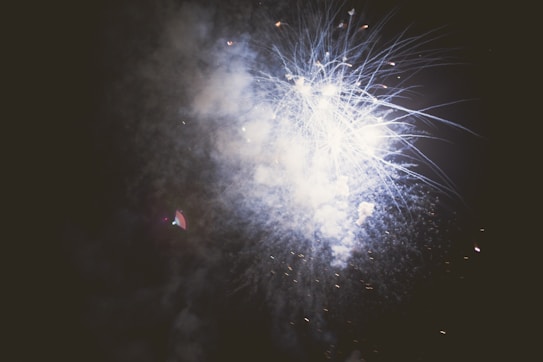Bright fireworks burst in the night sky, emitting light and smoke in various patterns. The dark background contrasts with the luminous glow of the fireworks, creating an explosive display.