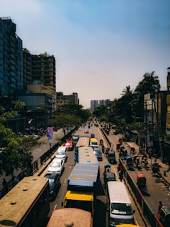 A bustling Karachi street scene during rush hour with vibrant city life.