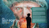 A large and vibrant illustration of Vincent van Gogh, focusing on his face with vivid brush strokes. In front of the painting stands a silhouette of a child, gazing at the artwork. The text on the image describes van Gogh's self-portraits, highlighting his mental health struggles and the personal significance of his artwork.