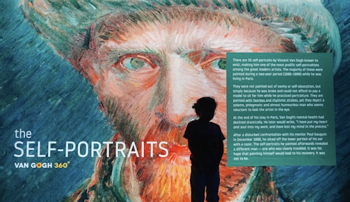 A large and vibrant illustration of Vincent van Gogh, focusing on his face with vivid brush strokes. In front of the painting stands a silhouette of a child, gazing at the artwork. The text on the image describes van Gogh's self-portraits, highlighting his mental health struggles and the personal significance of his artwork.