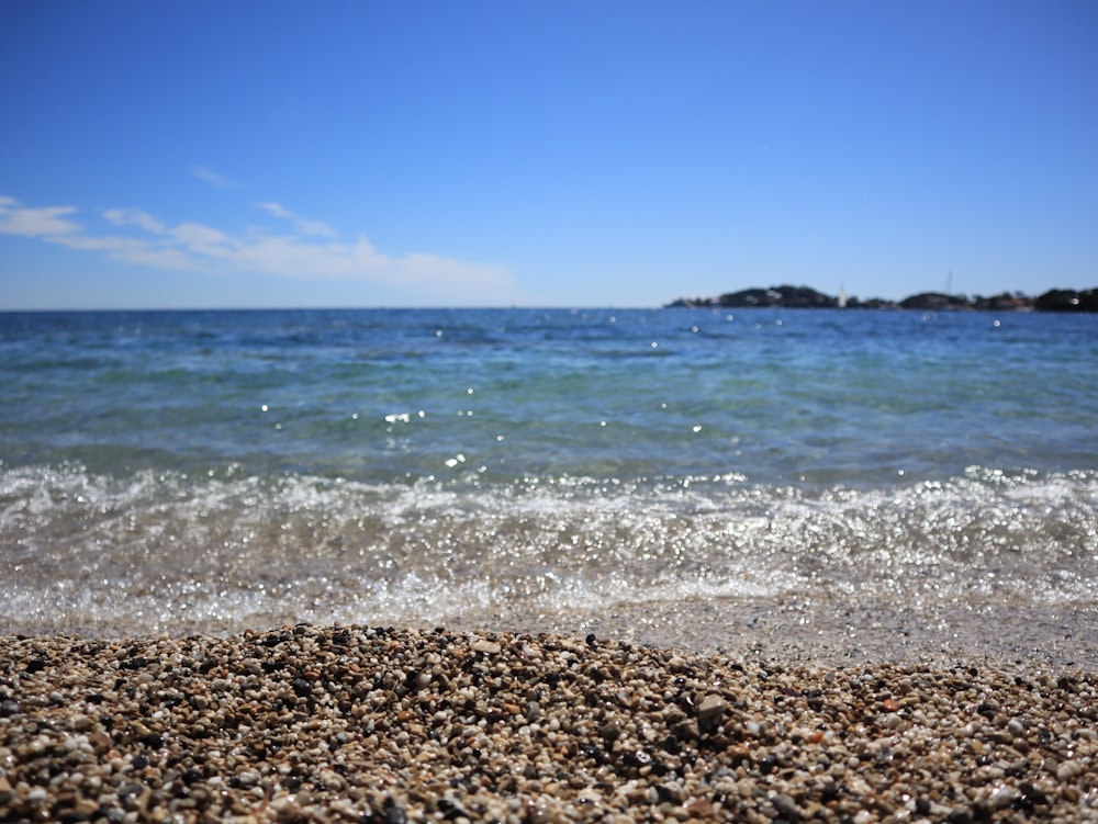 a close up of a beach with a body of water in the background
