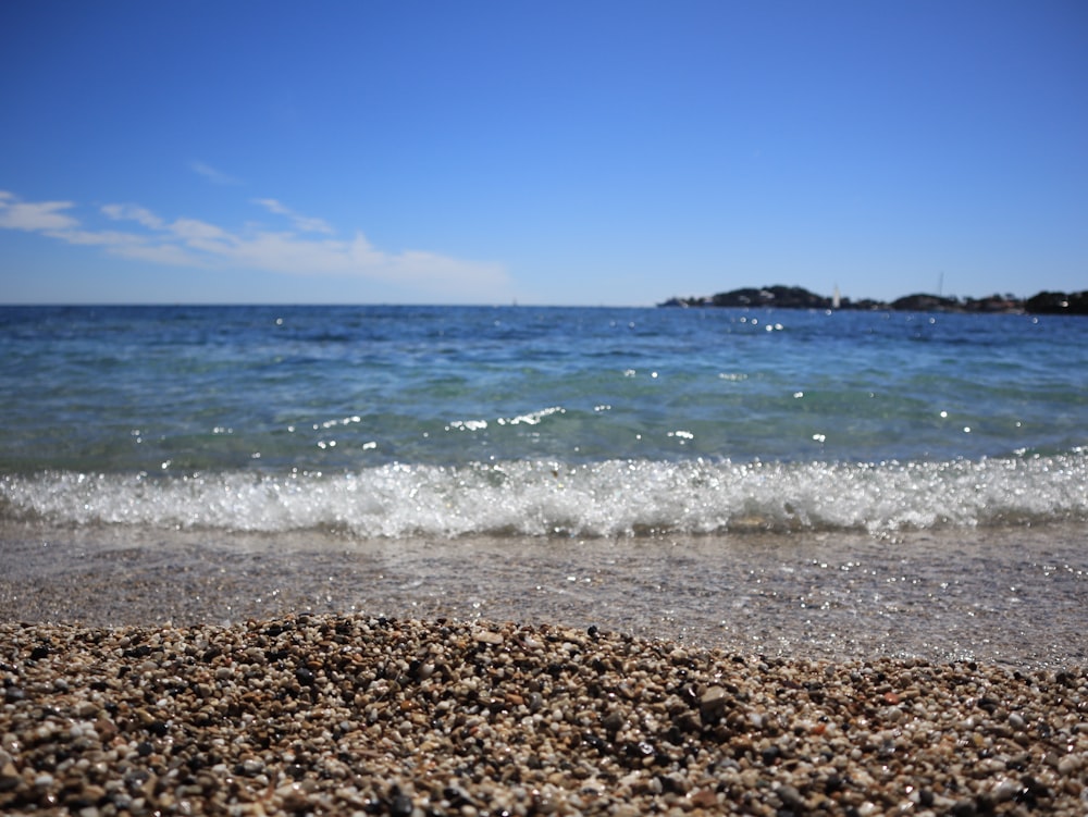 a close up of a beach with a body of water in the background