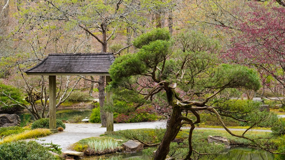a japanese garden with a pond and a gazebo