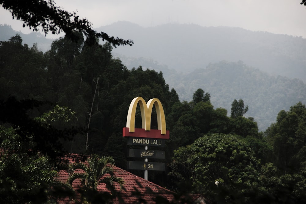 a large mcdonald's sign with mountains in the background